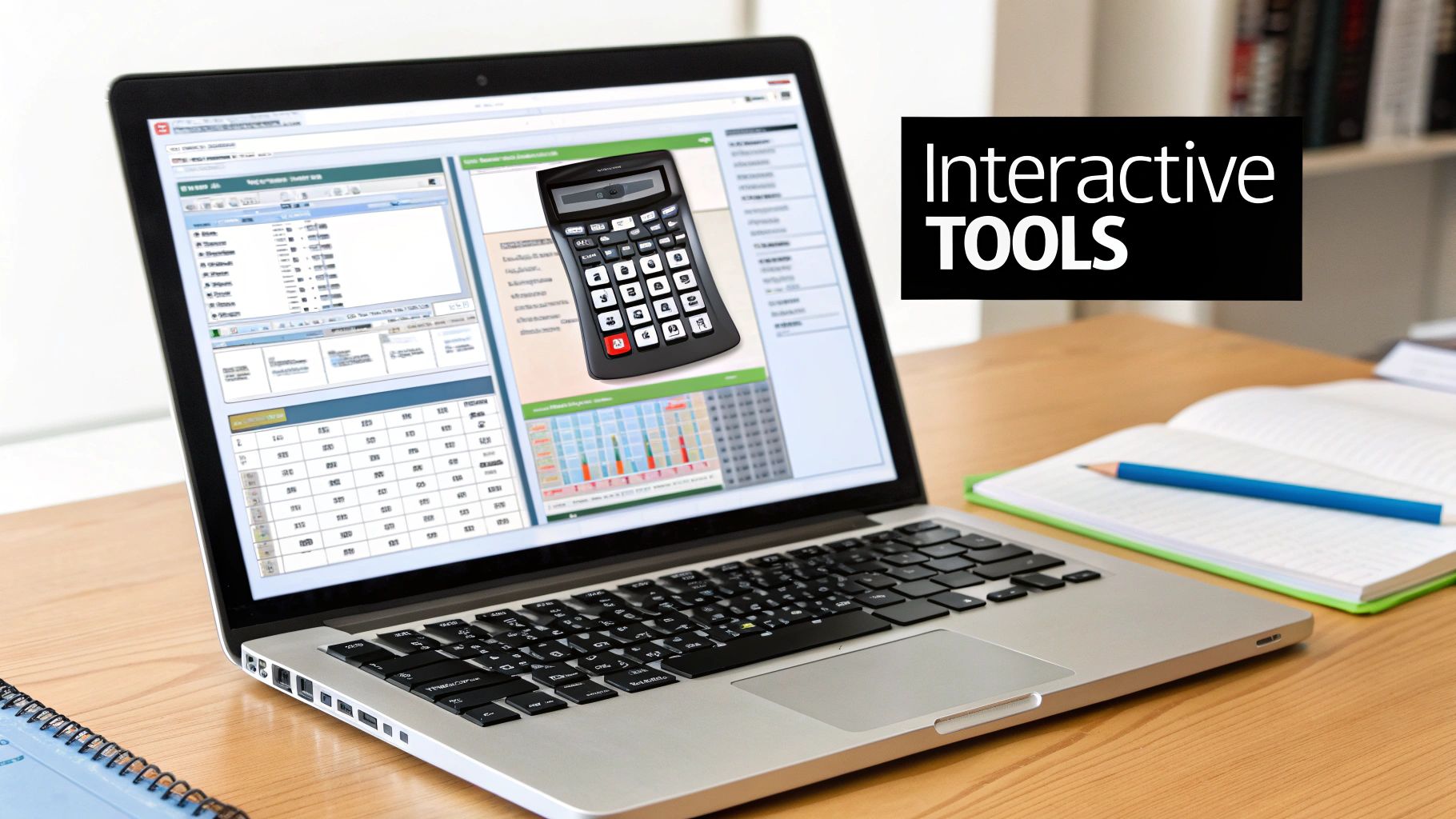 An image illustrating the concept of interactive content, showing a user interacting with a quiz or calculator on a screen, with icons representing data and engagement.