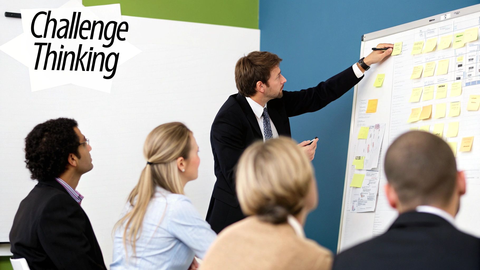 Business meeting with a presenter writing on a whiteboard, discussing 