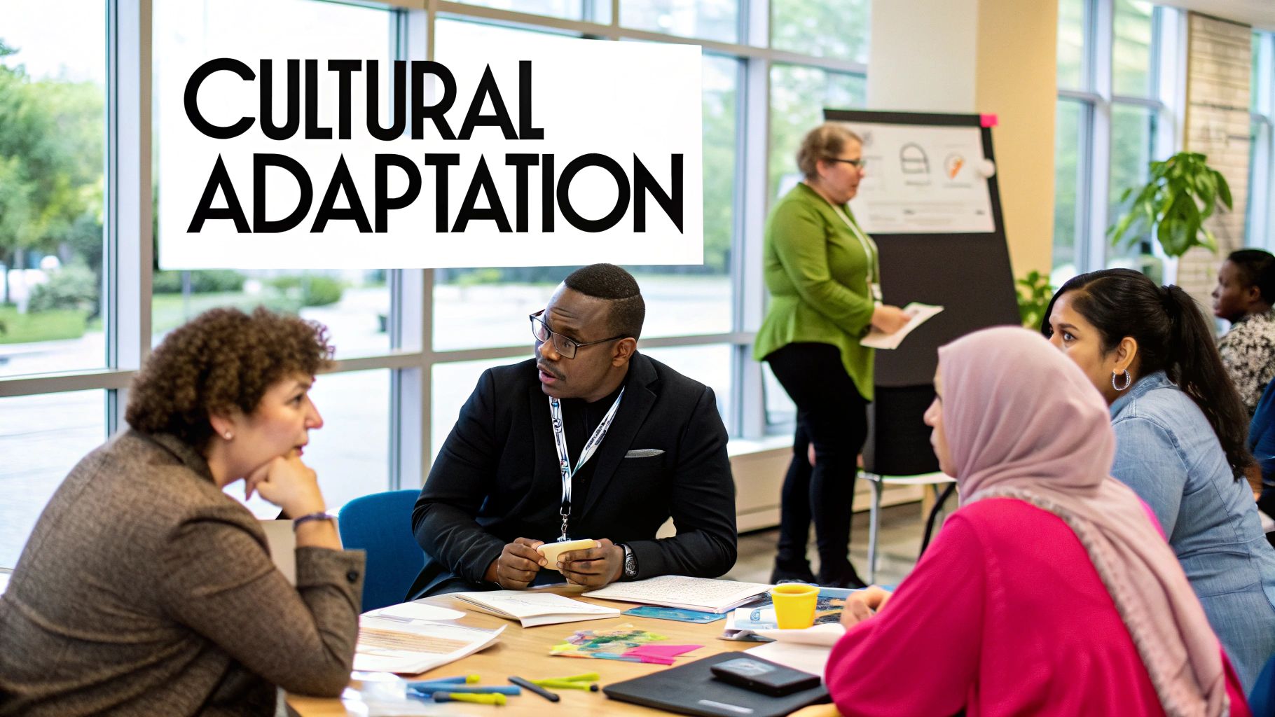 Diverse group discussing cultural adaptation strategies in a collaborative workspace, with emphasis on teamwork and local market insights.