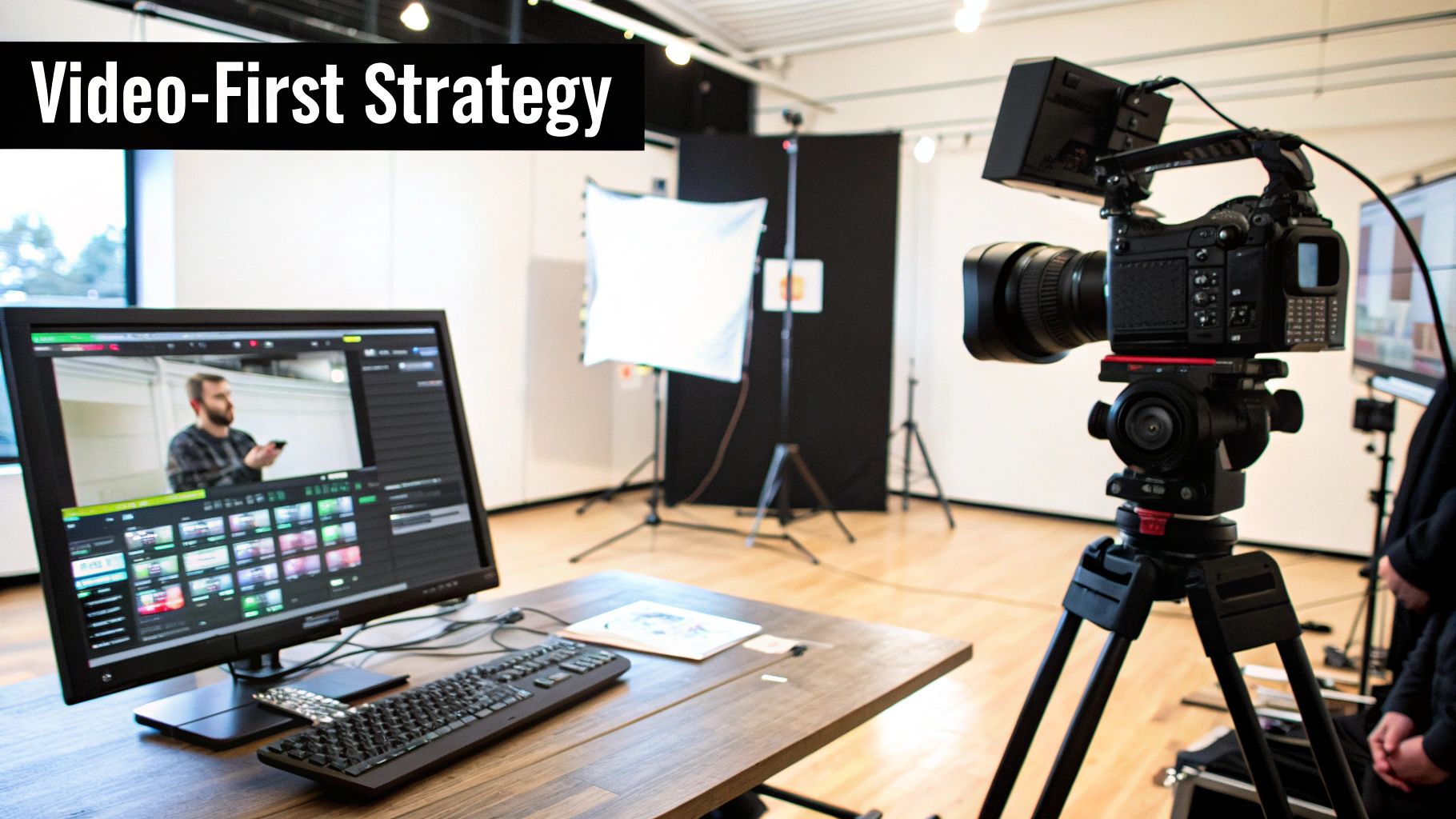 An illustration of a video player with play buttons and social media icons, symbolizing a video-first content strategy.