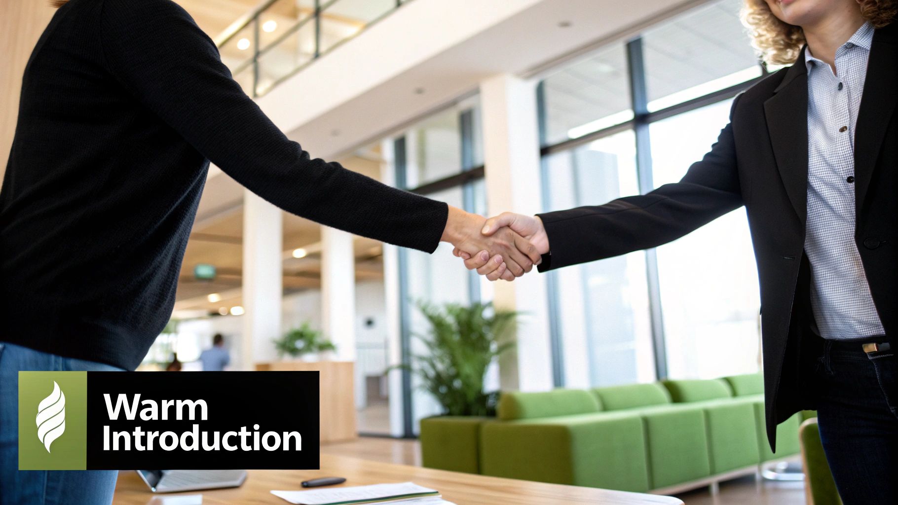 Handshake between two professionals in a modern office setting, symbolizing warm introductions in B2B networking, with 