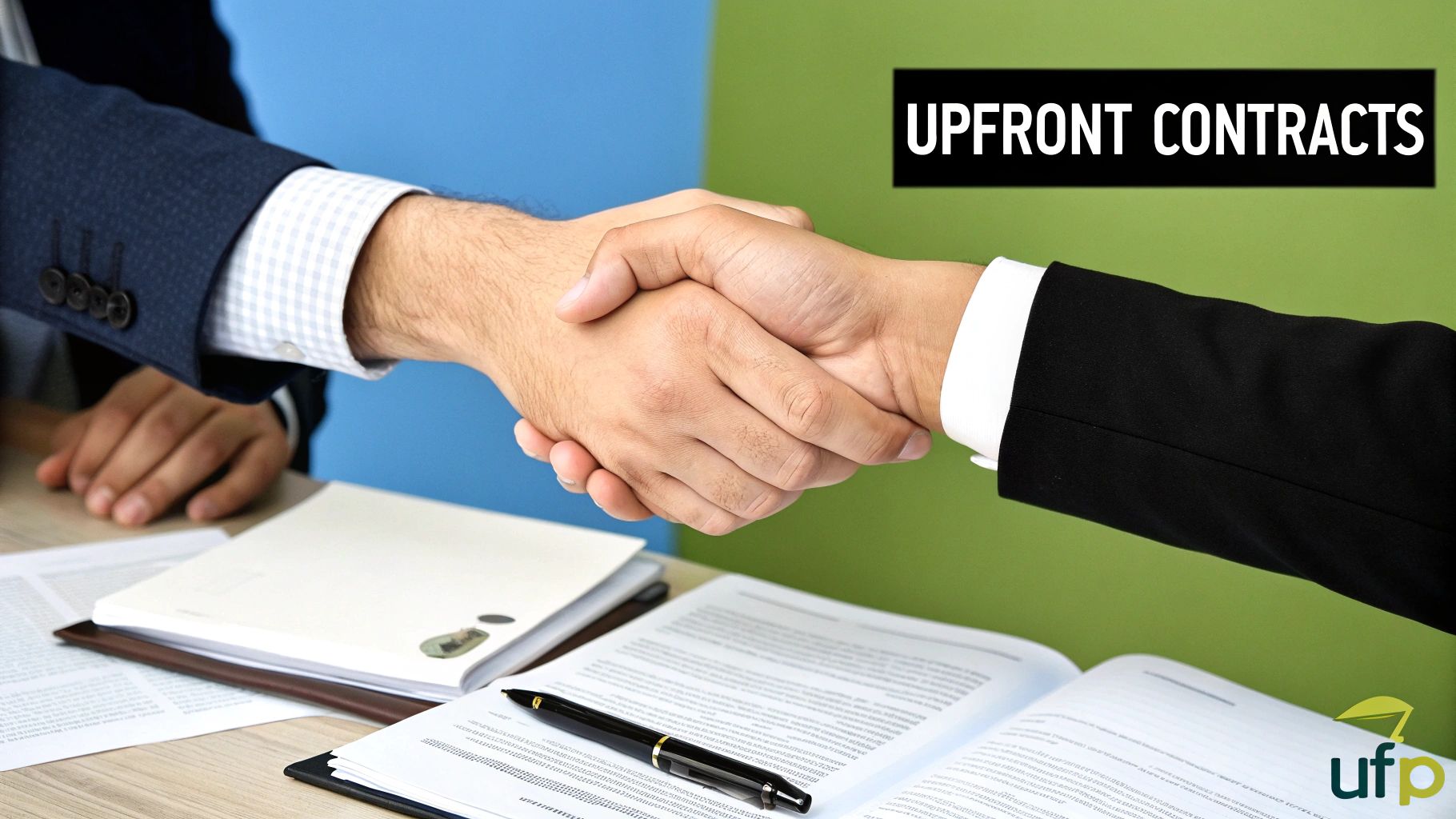 Hands shaking over a table with documents, symbolizing upfront contracts in the Sandler Selling System, emphasizing mutual agreement and relationship-building in B2B sales.