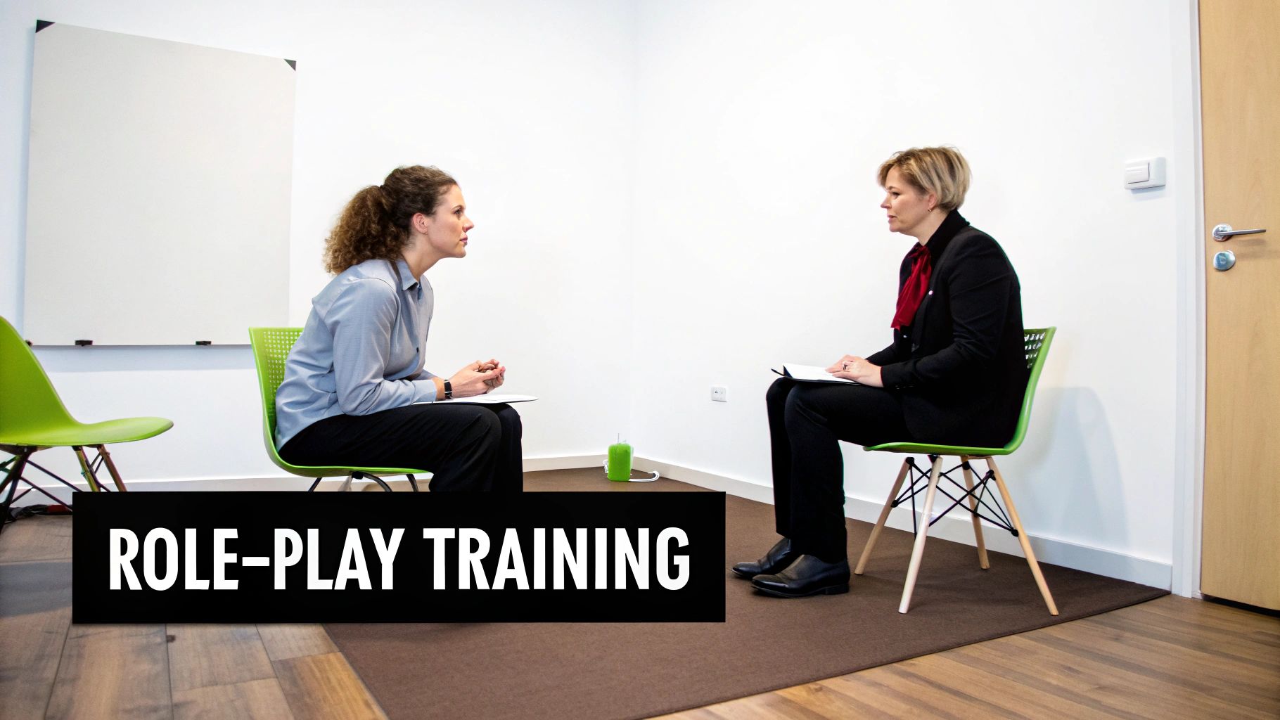 Role-play training session with two women practicing sales techniques in a modern office setting, emphasizing skill development and real-world application.