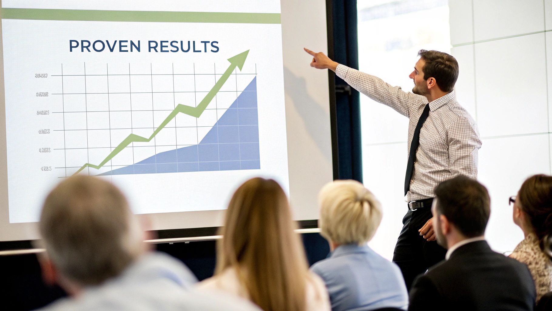 Business professional presenting a graph titled 