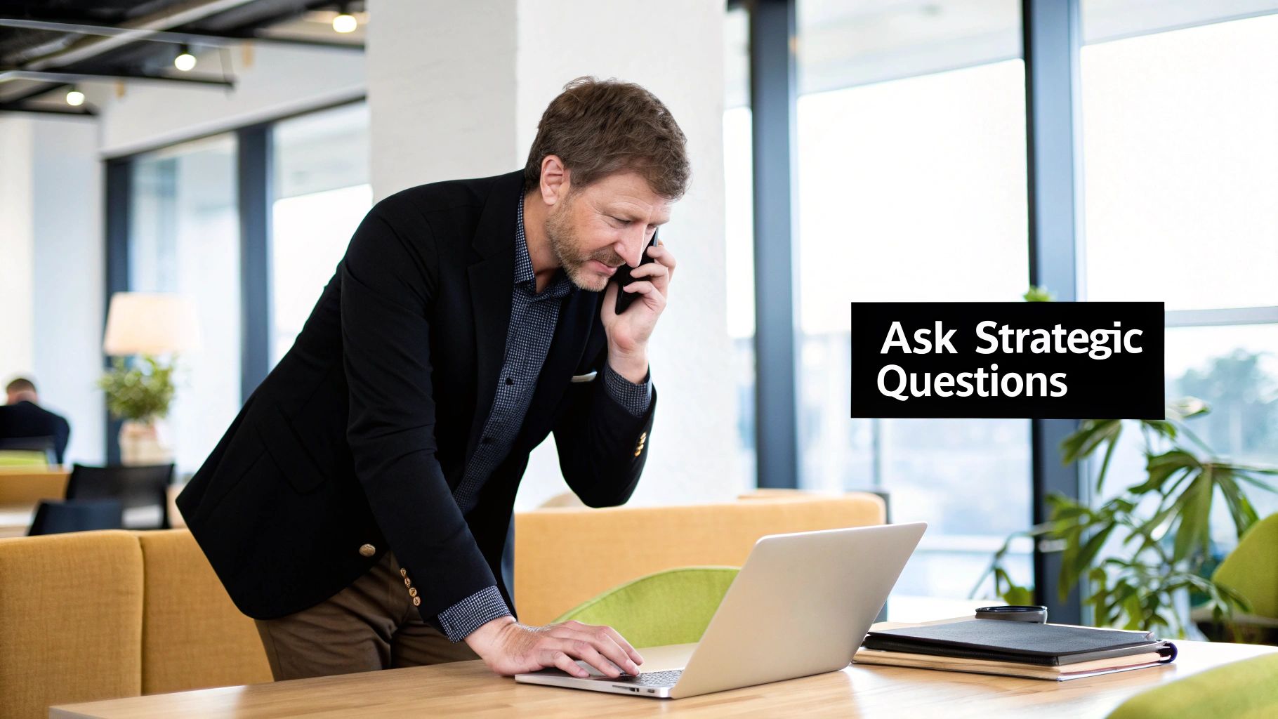 Business professional using a laptop and phone in a modern office setting, with text overlay 