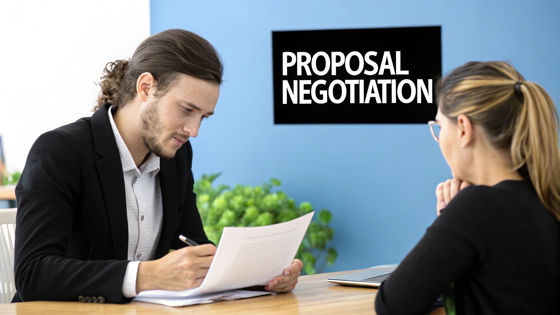 Business professionals engaged in proposal negotiation, focusing on paperwork at a wooden table, with a 