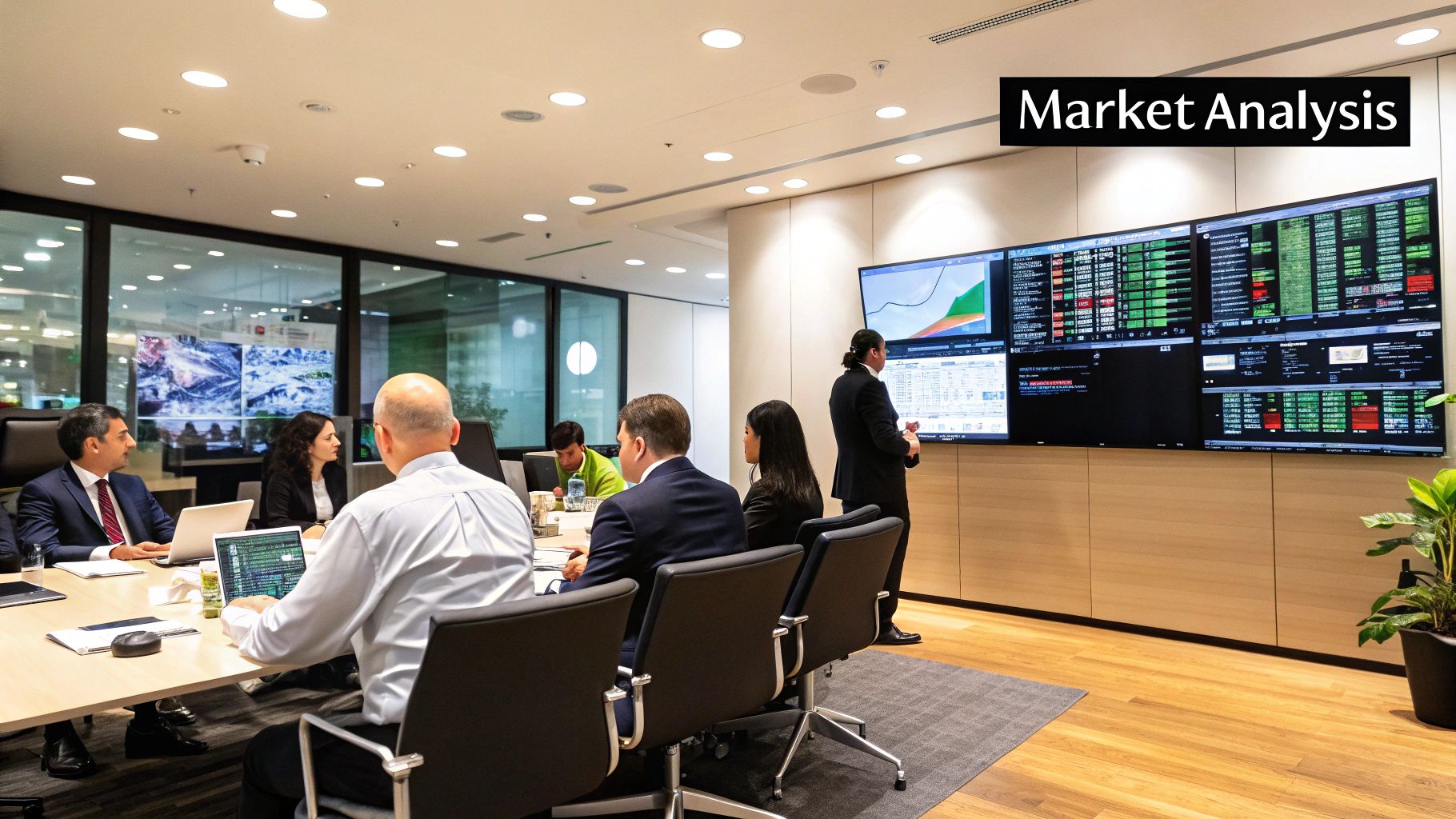 Business meeting in a modern conference room, featuring professionals analyzing market data on multiple screens, emphasizing global expansion strategies and market analysis.