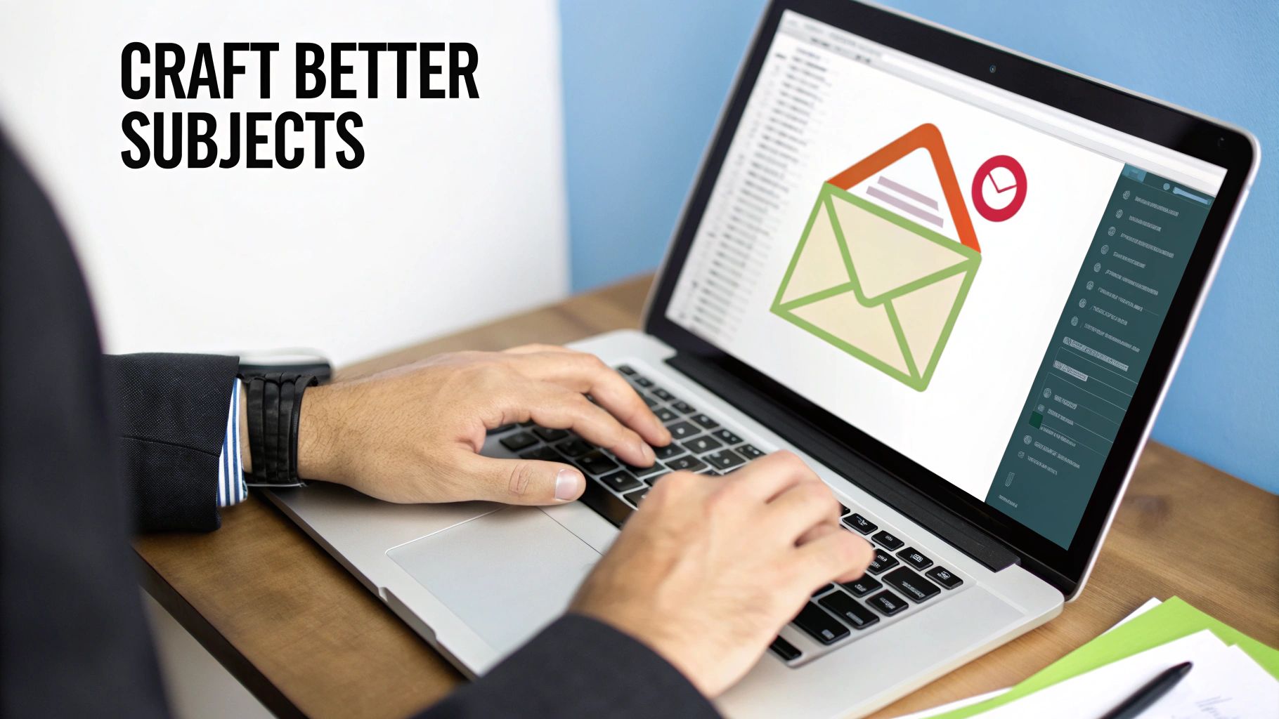 Person typing on a laptop with email icon displaying, emphasizing crafting better subject lines for effective email marketing.