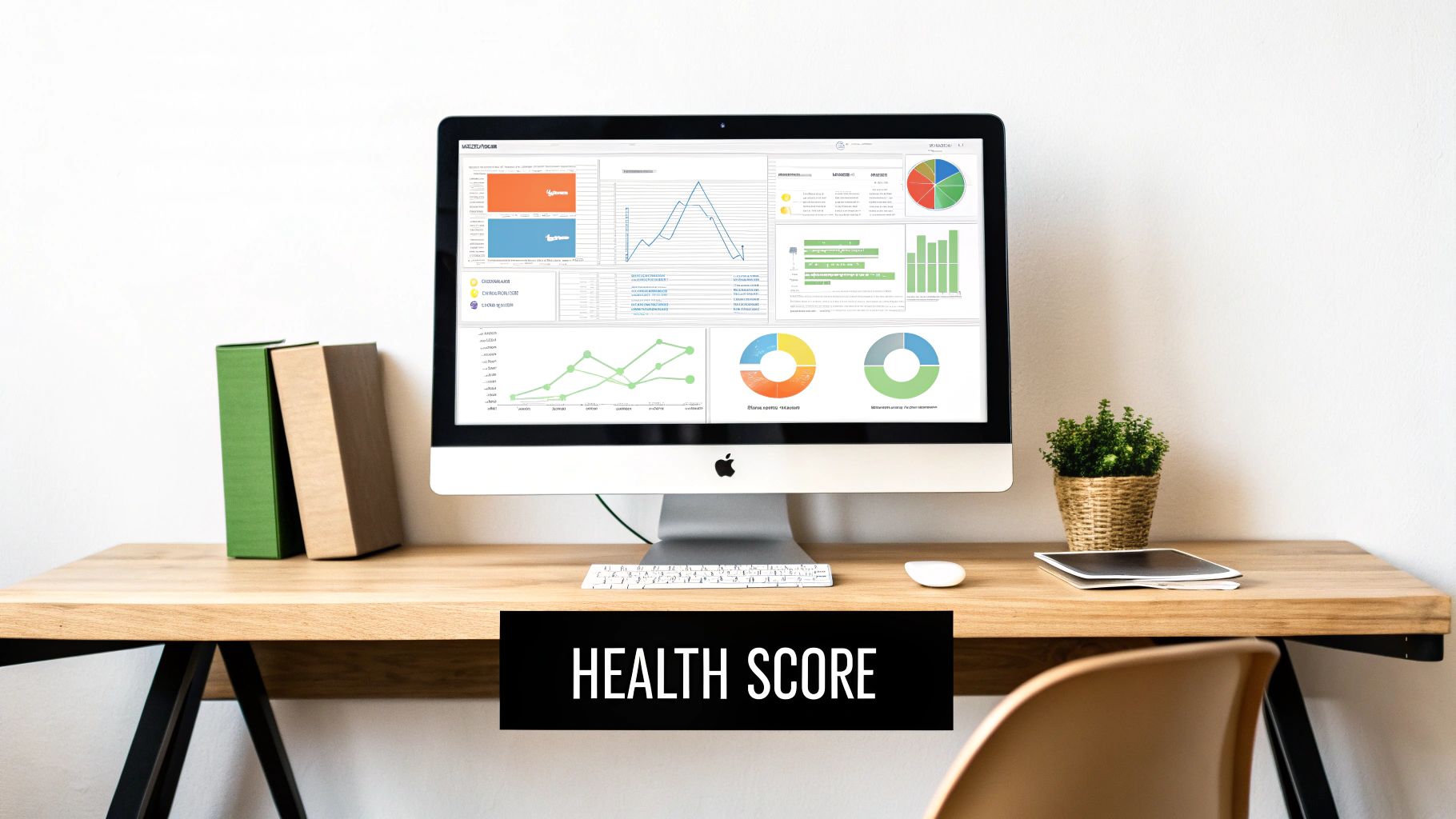 Computer monitor displaying customer health score metrics and analytics, emphasizing B2B customer retention strategies, with books and a plant on a wooden desk.
