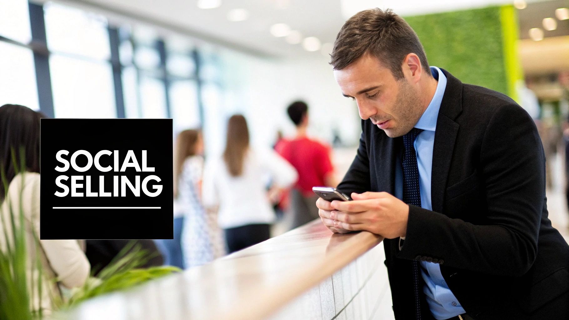 Business professional engaged in social selling on smartphone, with event attendees in background, emphasizing networking and lead generation strategies.