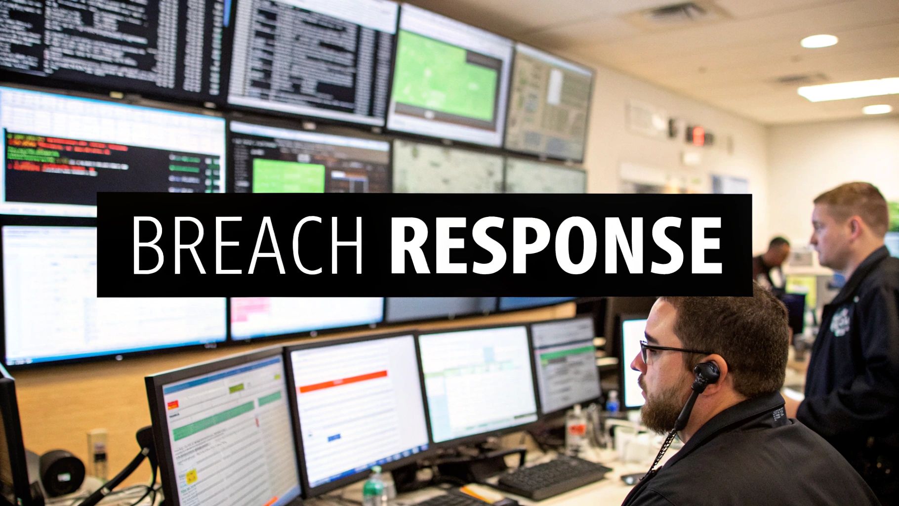 Breach response team monitoring data security on multiple screens in a command center, highlighting the importance of effective data breach management for GDPR compliance.