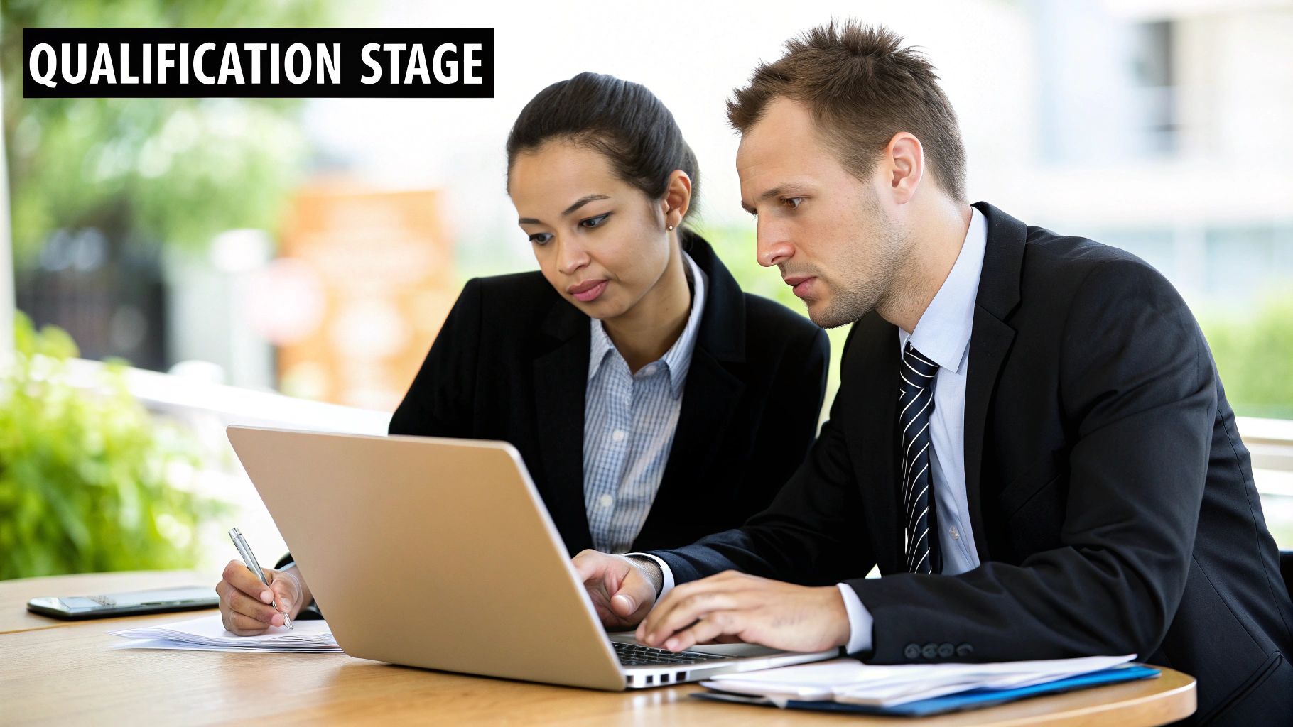 Business professionals engaged in the qualification stage of a B2B sales pipeline, analyzing data on a laptop, with documents and a smartphone on the table.