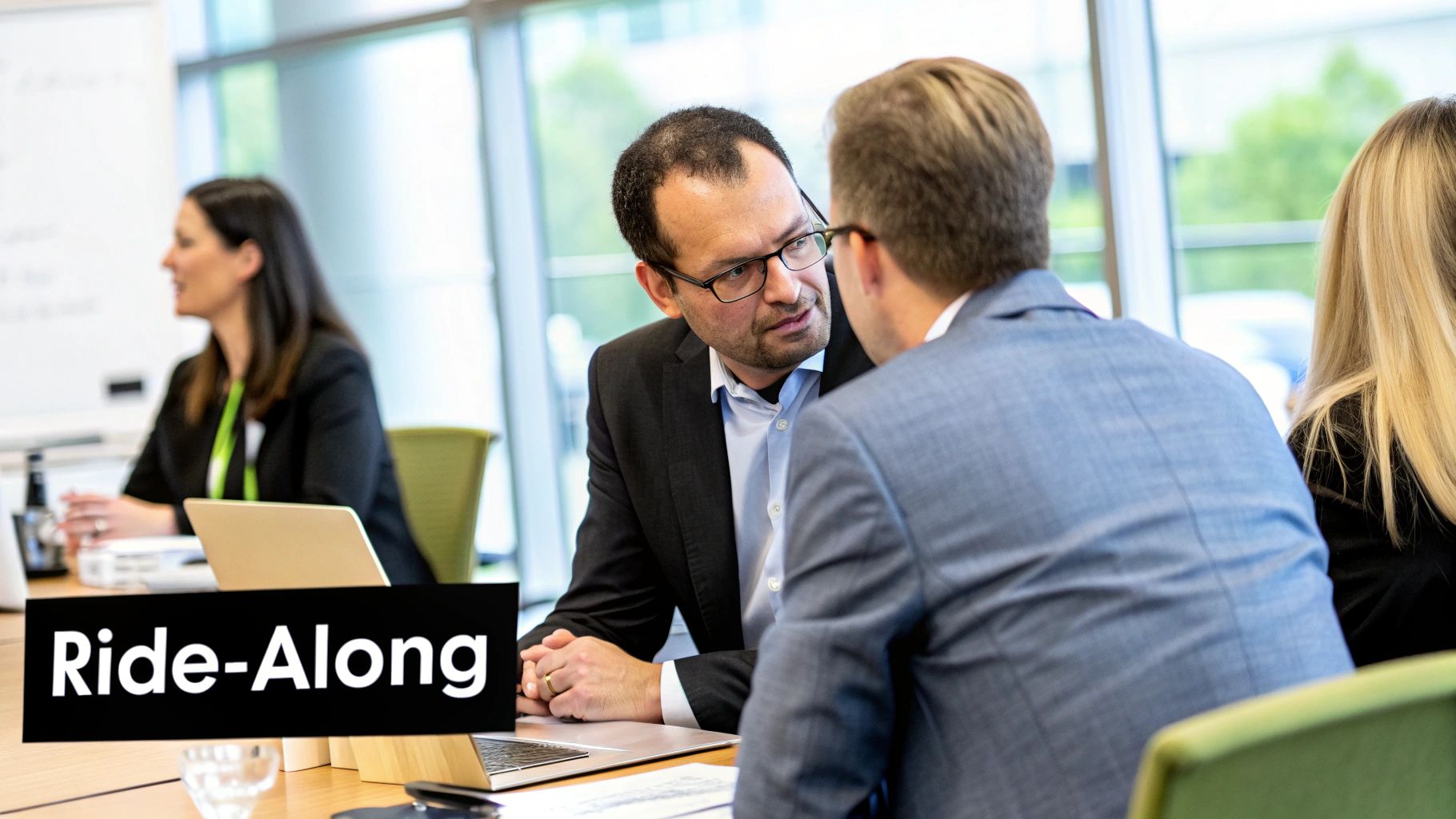 Business professionals engaged in a ride-along coaching session, discussing sales strategies, with a laptop and notes visible on the table, emphasizing practical sales training techniques in a collaborative environment.