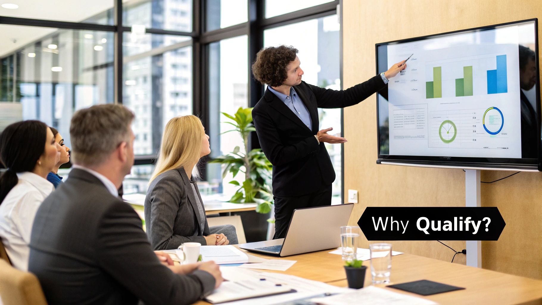 Business meeting in modern office with presenter explaining lead qualification strategies, displaying graphs and data on screen, emphasizing importance of effective sales processes.