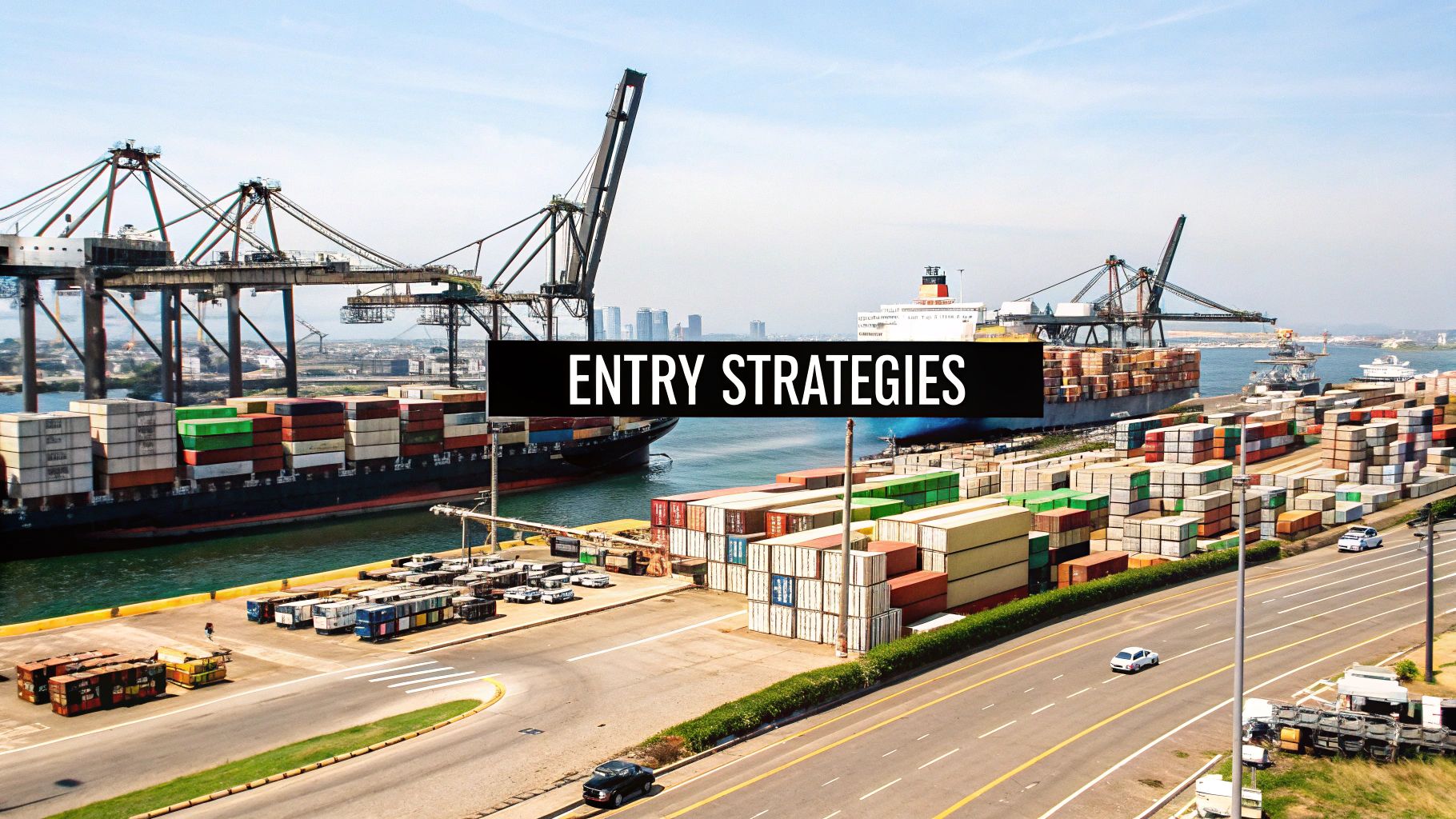 Cargo ship at port with stacked shipping containers and text overlay 