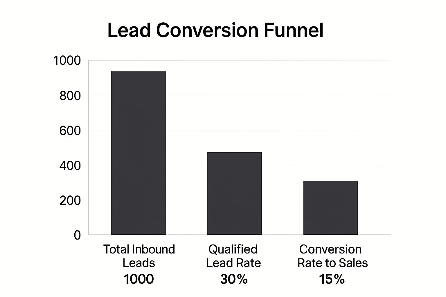 Bar chart illustrating lead conversion funnel with total inbound leads at 1000, qualified lead rate at 30%, and conversion rate to sales at 15%, emphasizing the importance of effective lead qualification for B2B sales success.