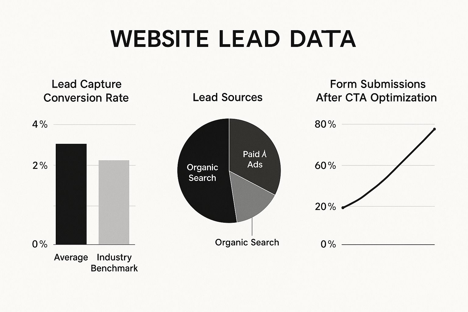 Website lead data infographic illustrating lead capture conversion rates, lead sources including organic search and paid ads, and the impact of call-to-action optimization on form submissions.