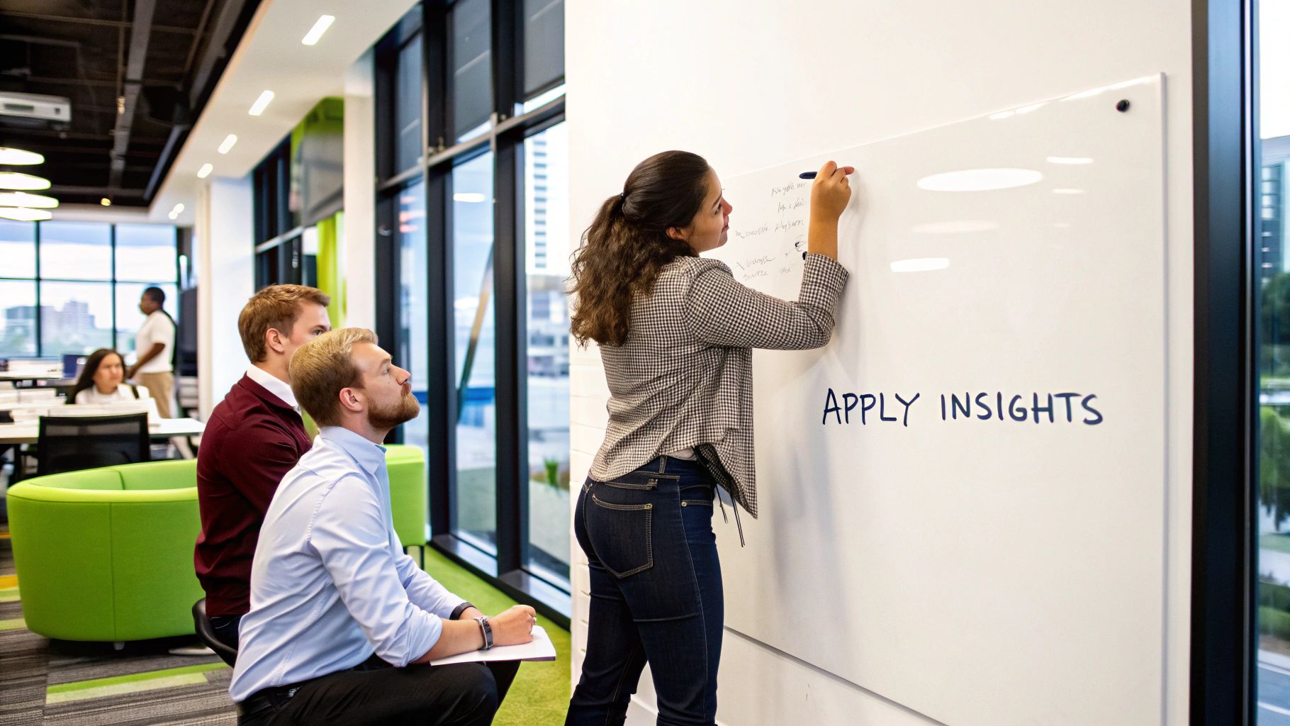 Team brainstorming session in a modern office, woman writing 