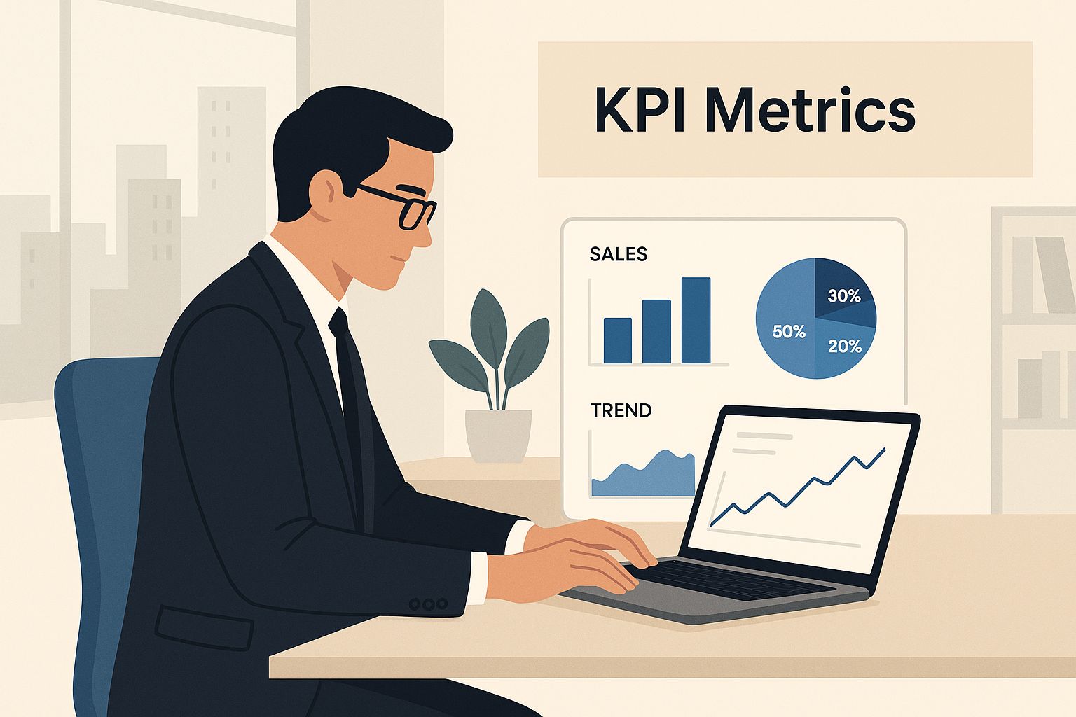 Manager analyzing KPI metrics on a laptop, with sales charts and trend graphs displayed, emphasizing actionable insights for effective sales performance tracking.