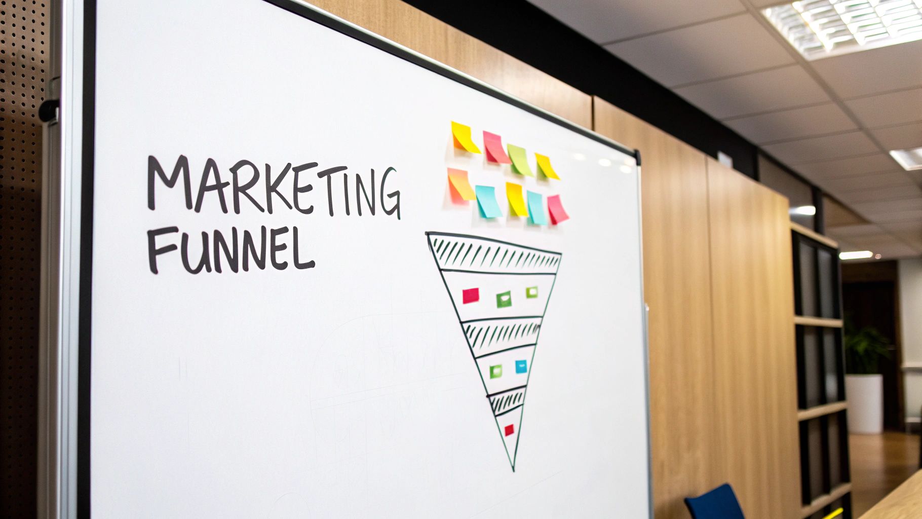 Marketing funnel diagram on a whiteboard with colorful sticky notes, illustrating the strategic process of guiding prospects through the buyer's journey in content marketing.
