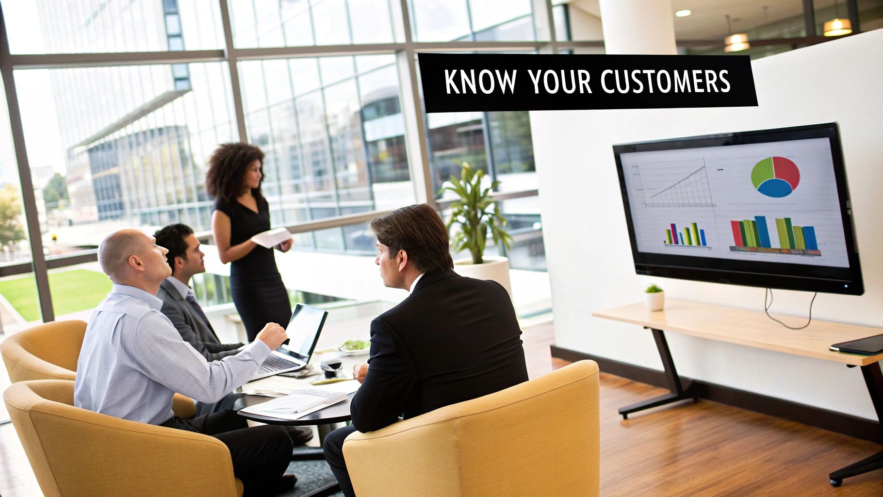 Business meeting with professionals analyzing customer data on a screen, focusing on the importance of understanding customer needs, with the phrase 