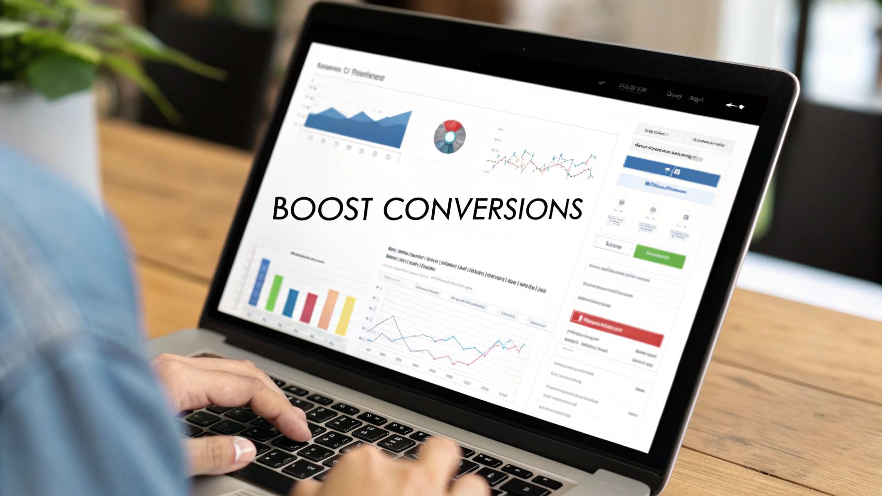 Laptop displaying analytics dashboard with graphs and the text 