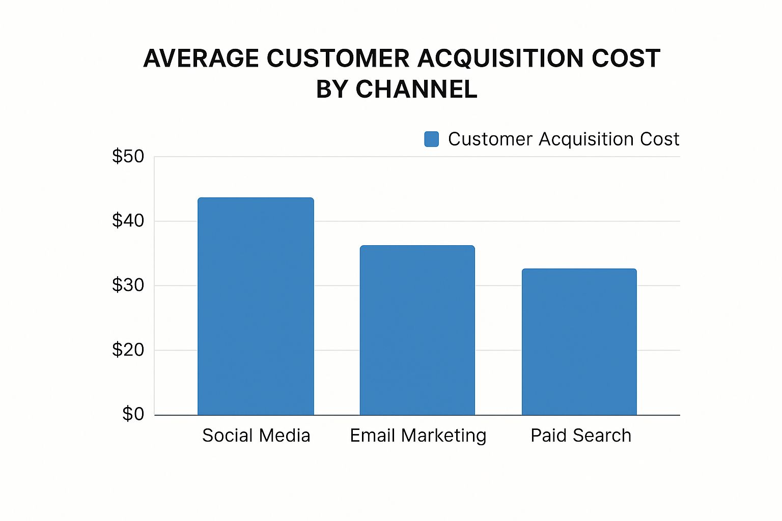 Bar chart illustrating average customer acquisition cost by channel, highlighting costs for Social Media, Email Marketing, and Paid Search, relevant to strategies for optimizing CAC in B2B marketing.