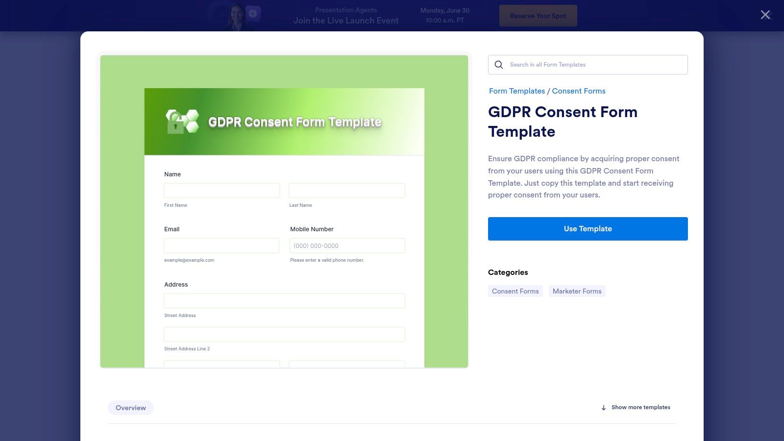 GDPR Consent Form Template featuring fields for name, email, mobile number, and address, designed for compliance with GDPR email consent regulations in B2B outreach.