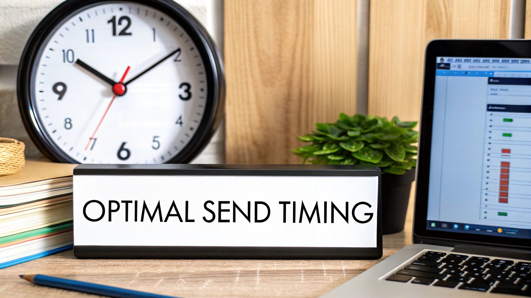 Clock indicating time management beside a desk with a laptop displaying email metrics and a sign reading 