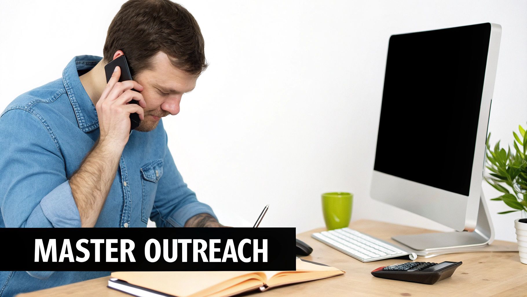 Man on phone taking notes at desk, emphasizing 