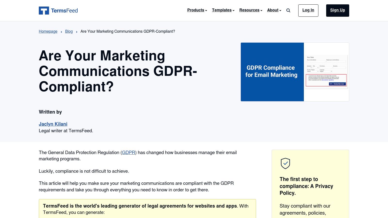 GDPR compliance email subscription form with clear consent checkbox and privacy policy link, illustrating best practices for obtaining user consent in email marketing.