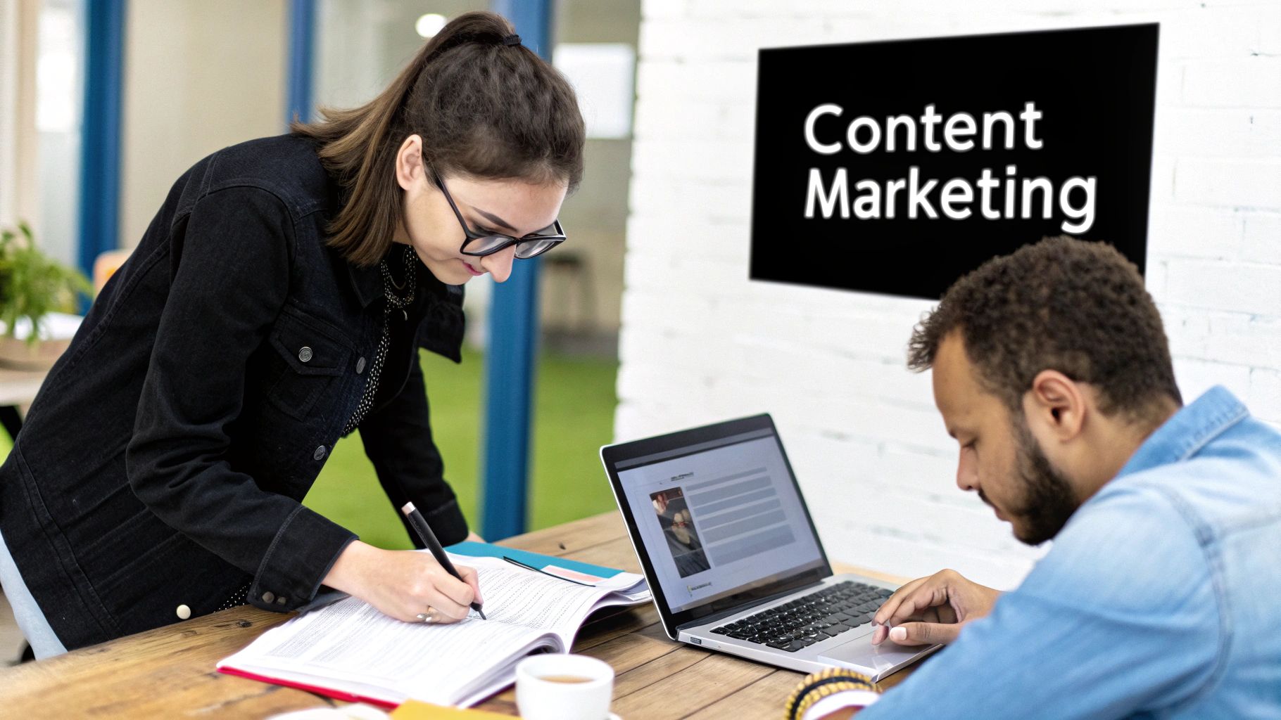 Woman taking notes next to a man working on a laptop, with a 