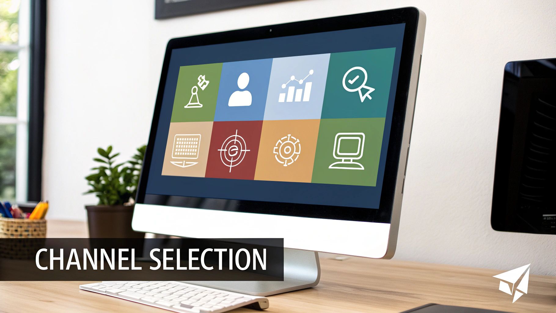 Desktop computer displaying a colorful interface with icons for channel selection in lead generation strategies, emphasizing digital marketing tools and analytics for startups.