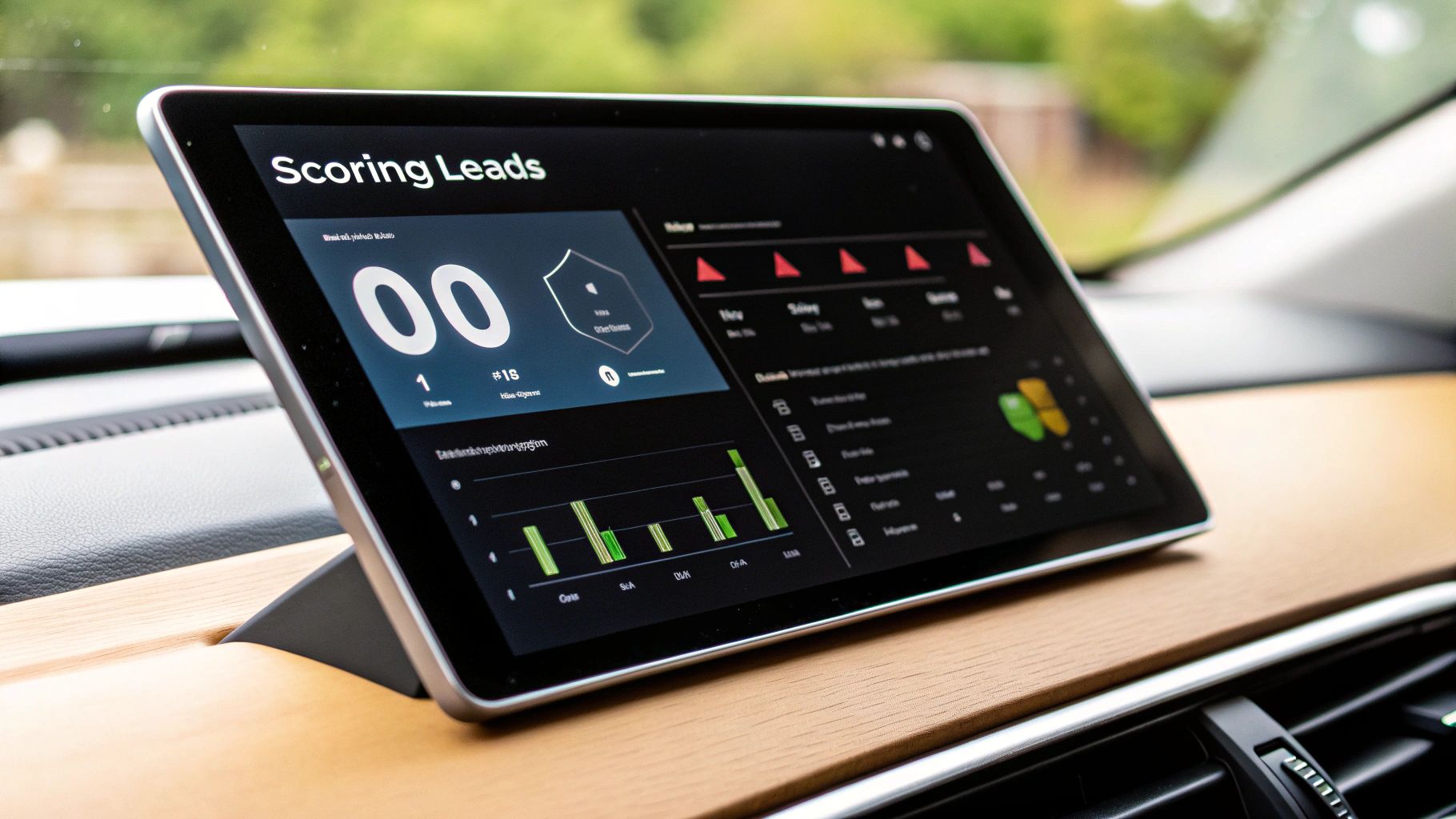 Tablet displaying lead scoring metrics and analytics dashboard for B2B sales optimization.