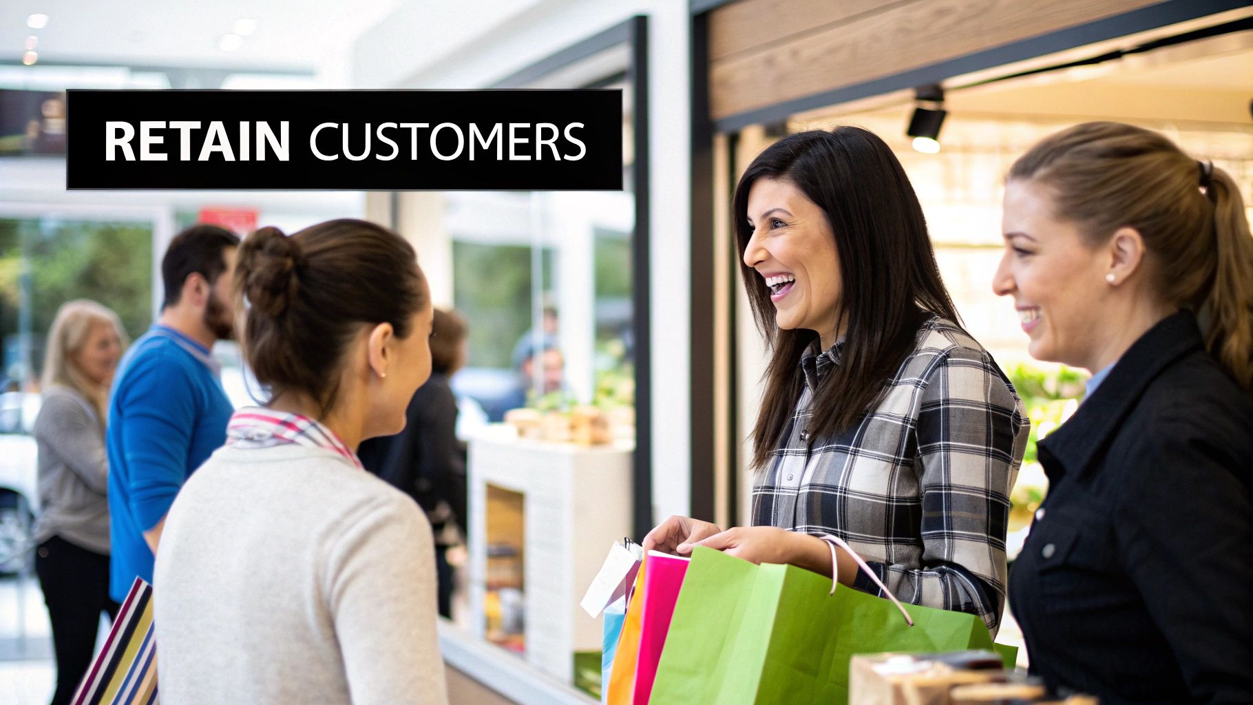 Women smiling and engaging with a customer in a retail environment, holding colorful shopping bags, with the bold text 