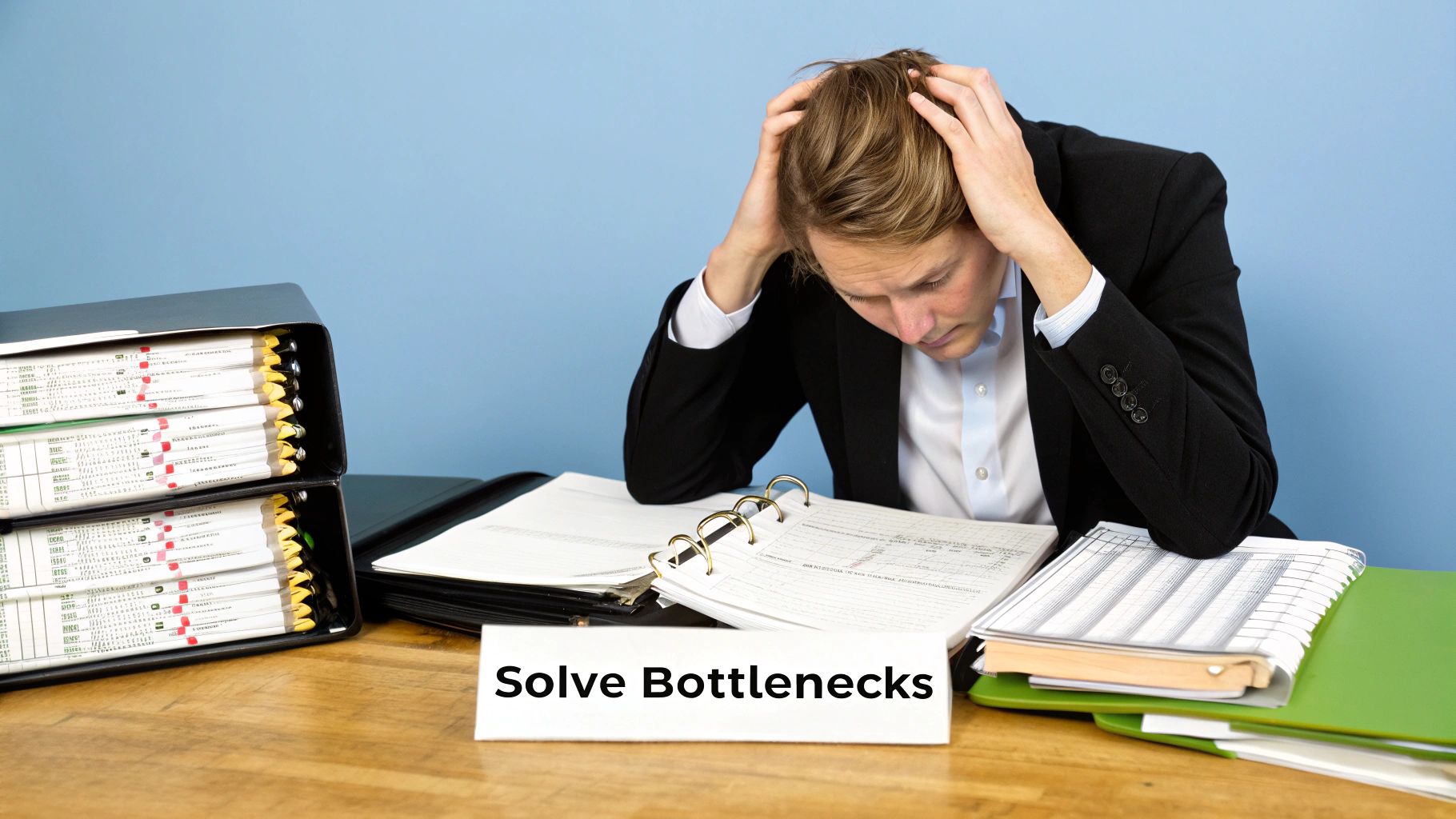 Person in a suit looking stressed while reviewing paperwork and binders, with a sign reading 