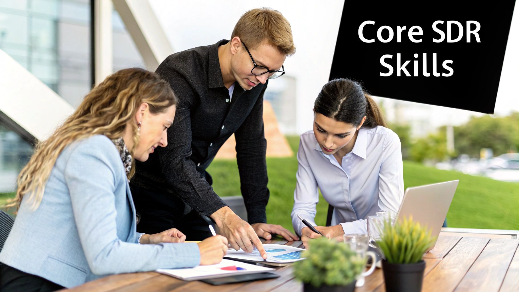 Three professionals collaborating at a table, discussing core SDR skills, with charts and documents, emphasizing modern sales strategies and relationship-building in a business setting.