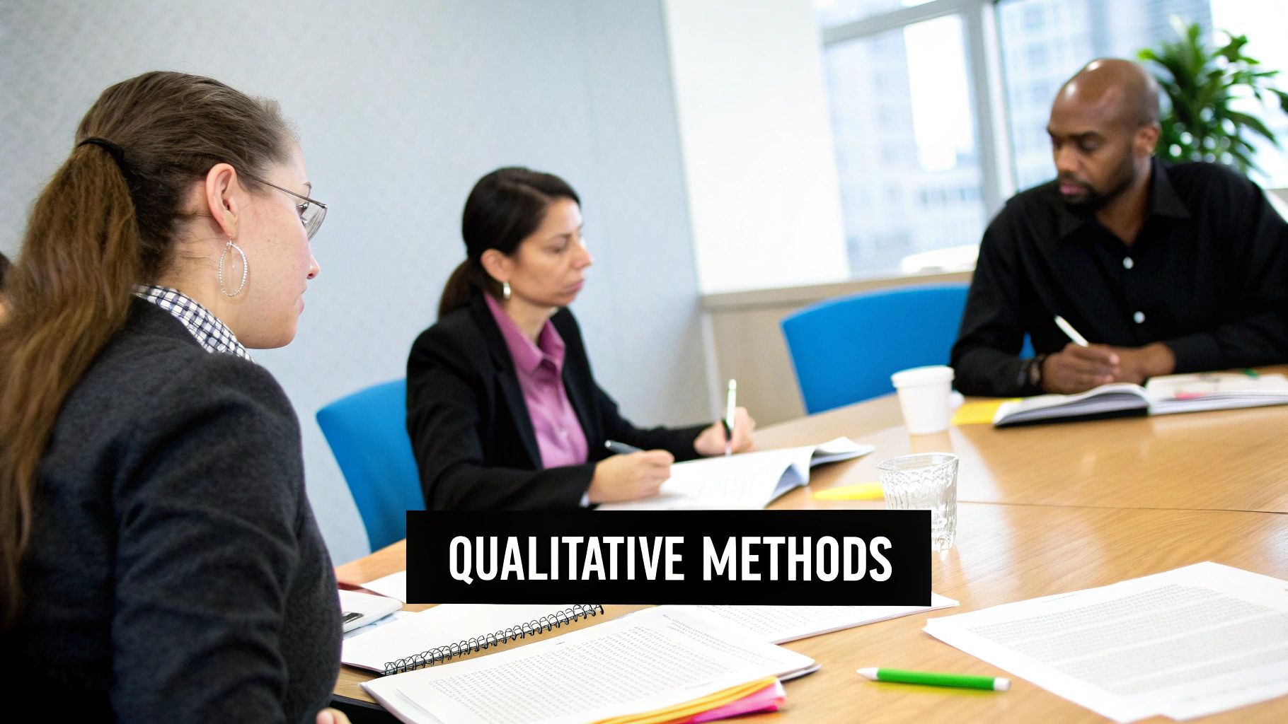 Group of professionals discussing qualitative methods for sales forecasting, with documents and notebooks on a conference table.