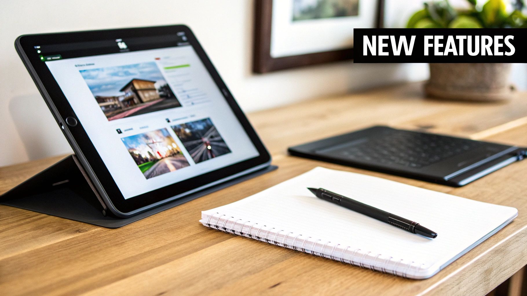 Tablet displaying new features and images on a wooden desk, alongside a notebook and pen, emphasizing digital engagement and customer experience strategies.