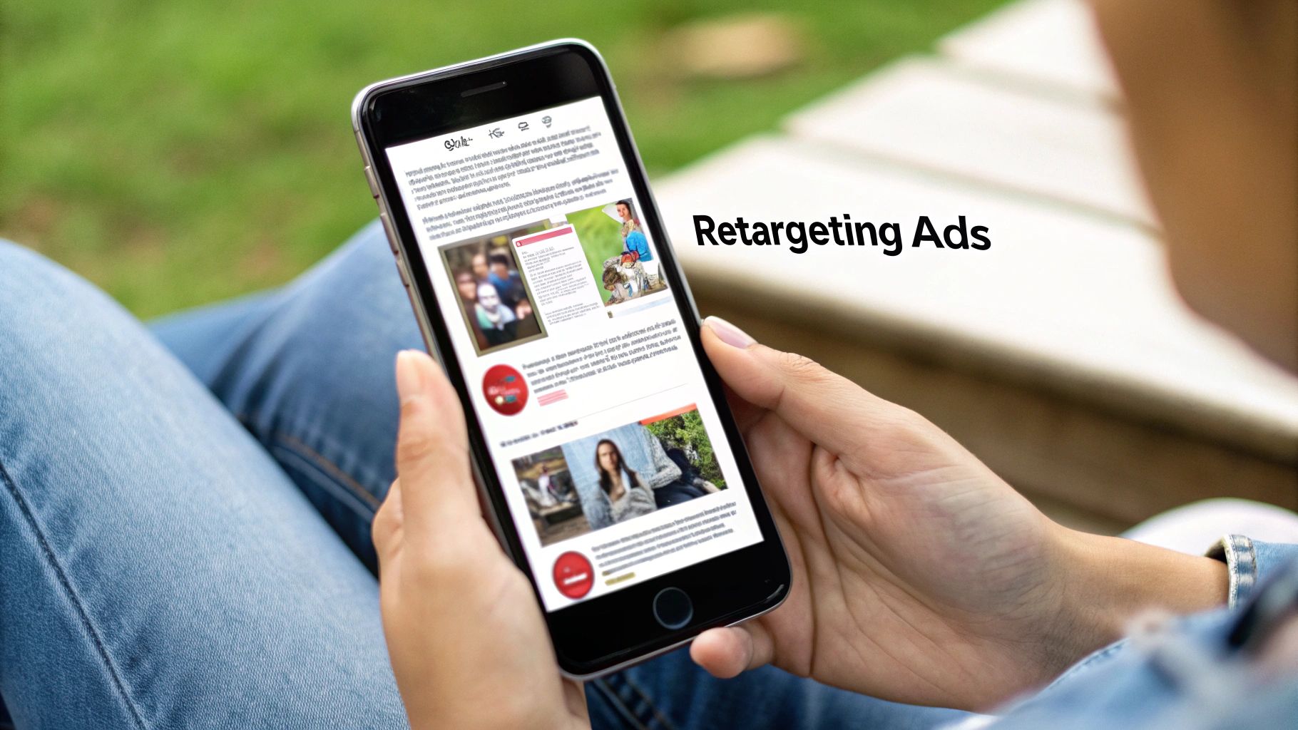 Person holding smartphone displaying retargeting ads, showcasing digital marketing strategies for lead nurturing in B2B sales.