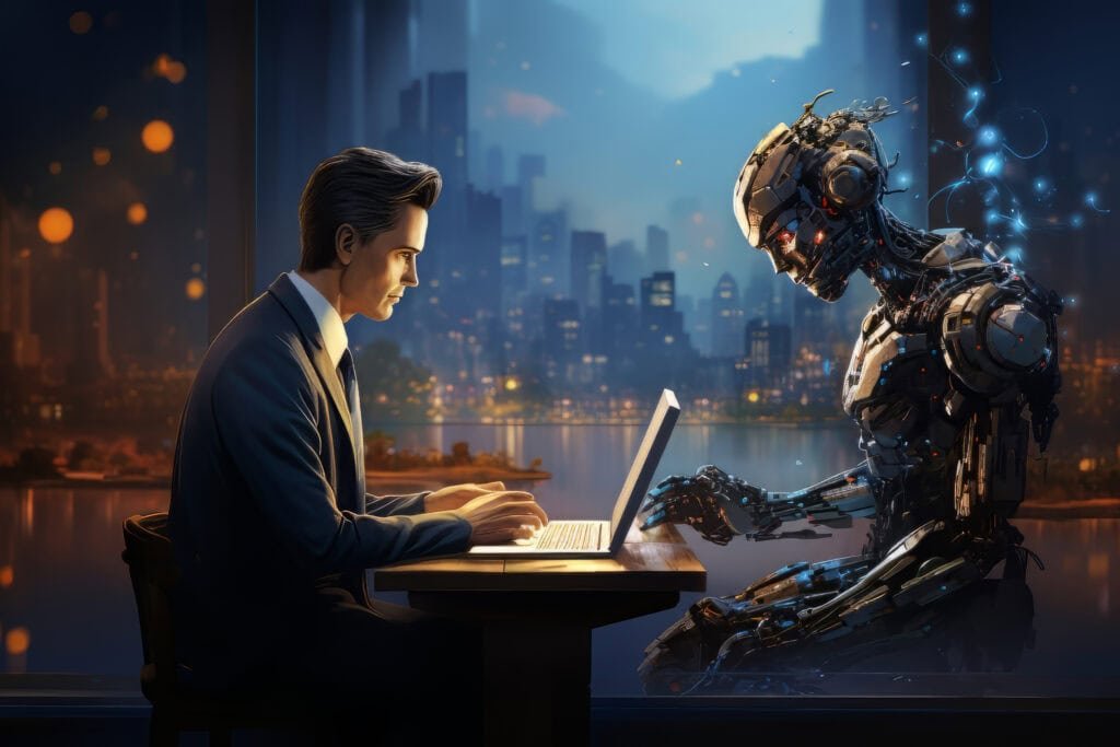 Businessman working alongside a humanoid robot in a futuristic office setting, symbolizing collaboration in AI and technology, with a city skyline in the background.