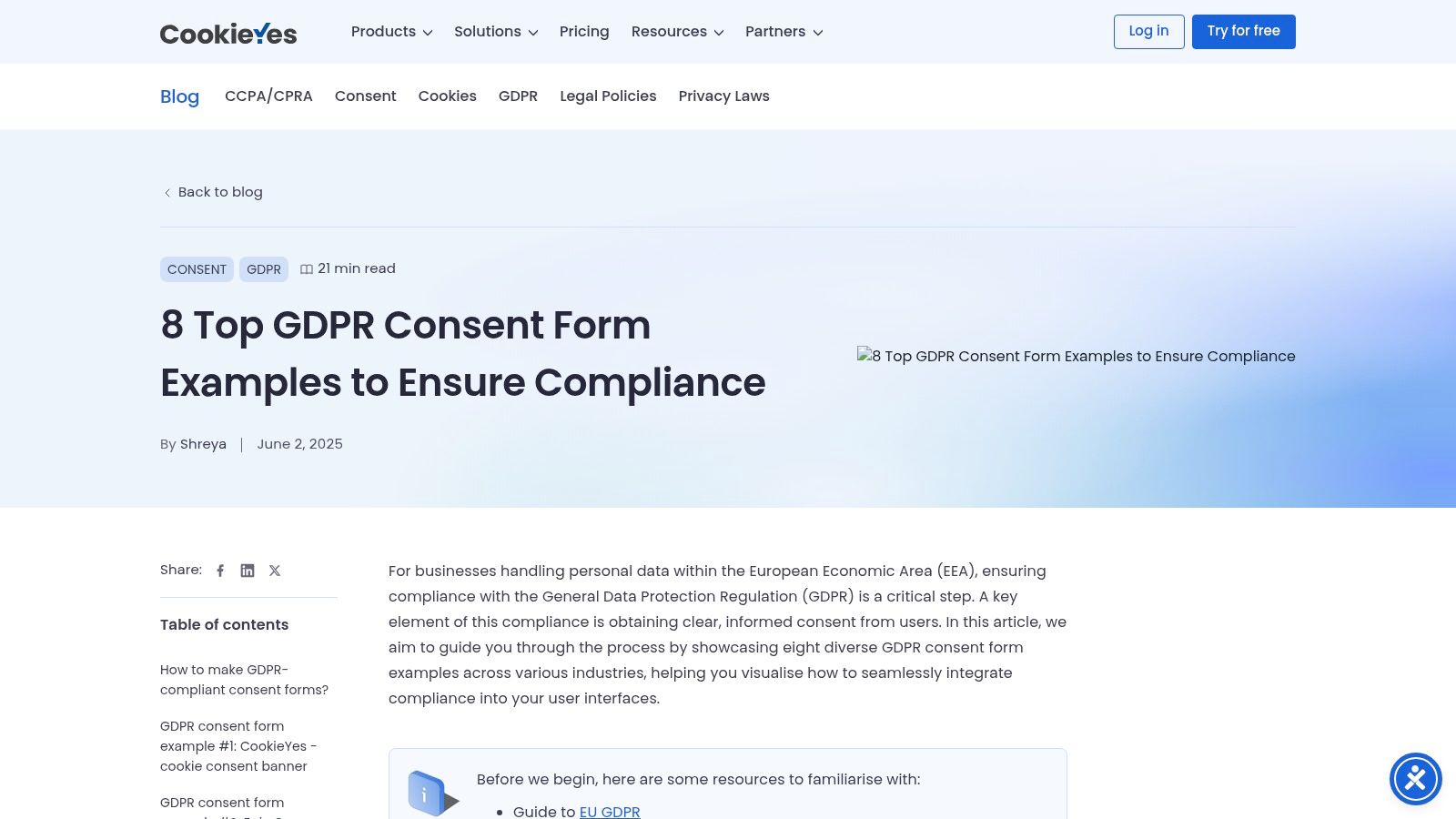 GDPR email consent form examples displayed on CookieYes blog, illustrating compliance strategies for B2B outreach and transparent data collection practices.