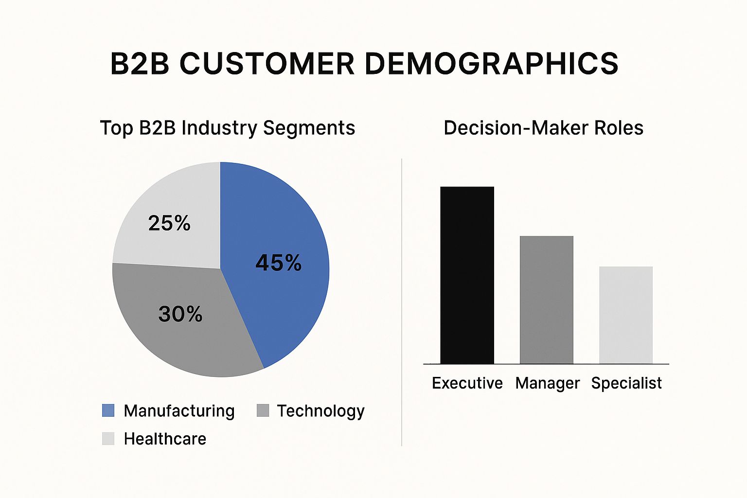 B2B customer demographics infographic illustrating top industry segments: 45% Technology, 30% Manufacturing, 25% Healthcare, alongside decision-maker roles showing executives' influence.