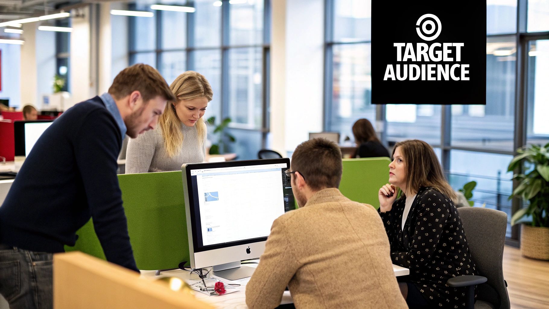 Group of professionals collaborating in an office setting, focused on lead generation strategies, with a visible 