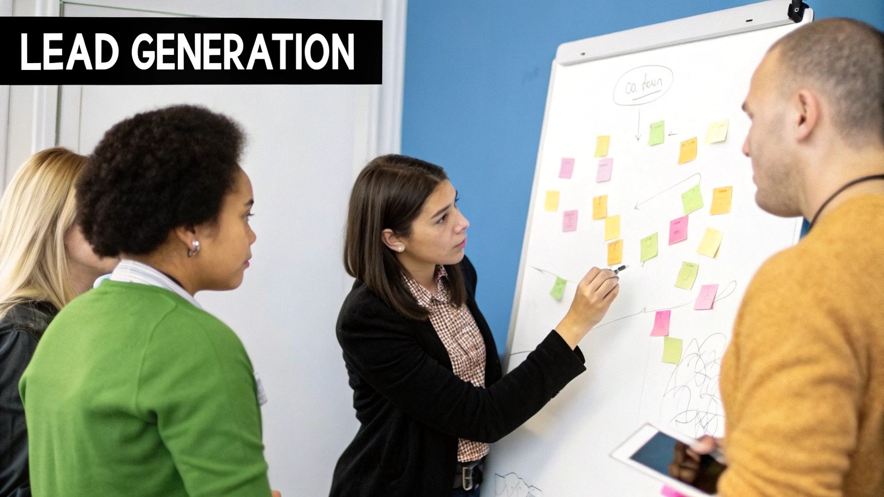 Group brainstorming session focused on lead generation strategies, with a woman writing on a whiteboard covered in colorful sticky notes, surrounded by engaged colleagues.