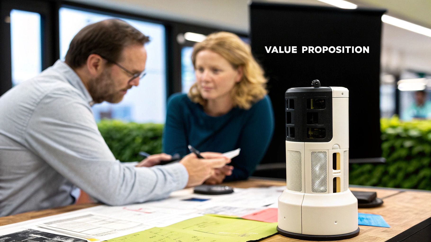 Man and woman discussing business strategy at a table with documents, highlighting the concept of 
