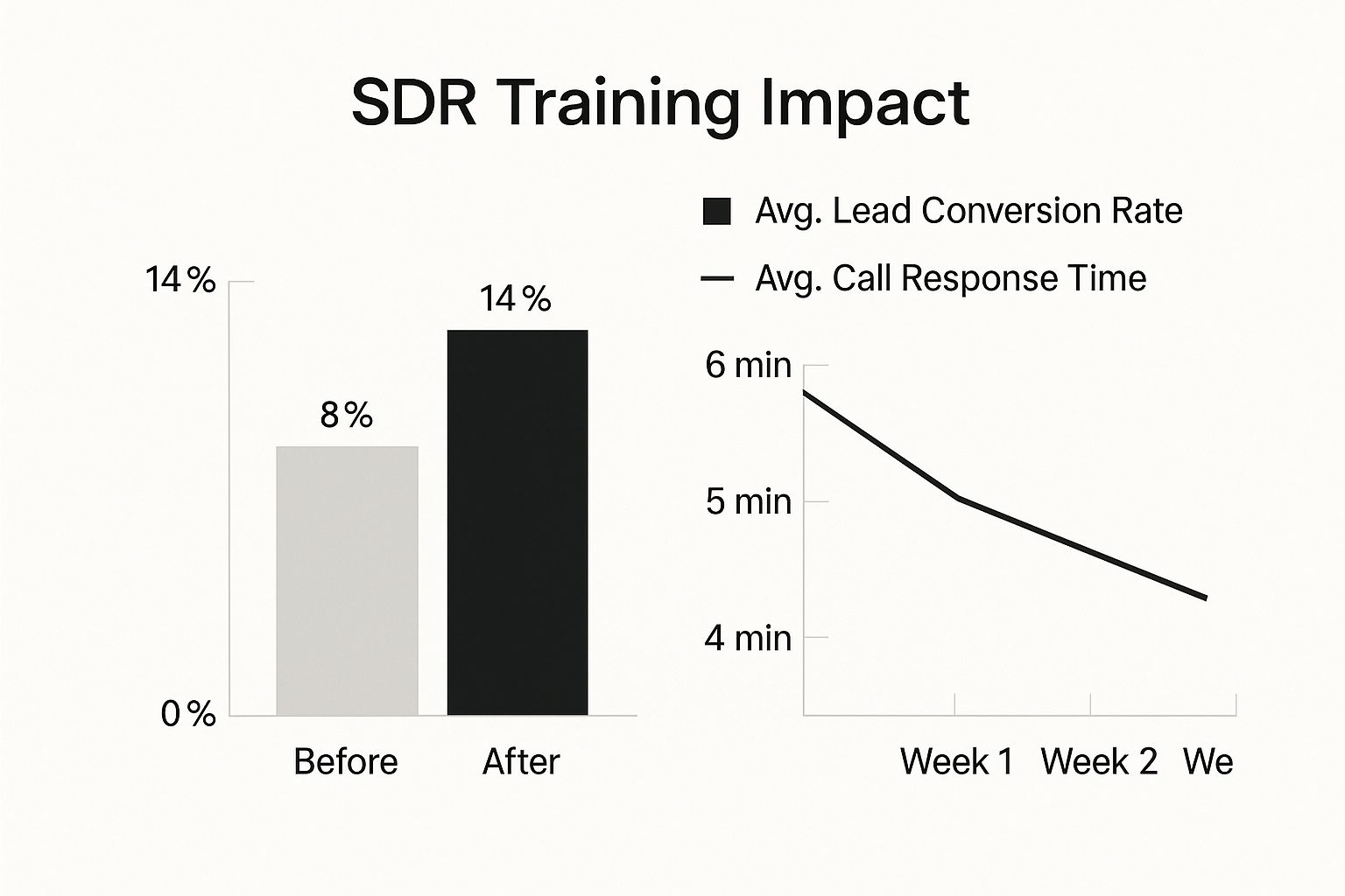 SDR training impact infographic showing average lead conversion rate increase from 8% to 14% and decrease in call response time over two weeks, illustrating the effectiveness of modern sales training techniques.