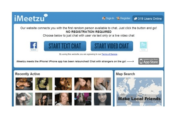 iMeetzu homepage showcasing options for text and video chat with strangers, featuring user images and a map search for local connections.