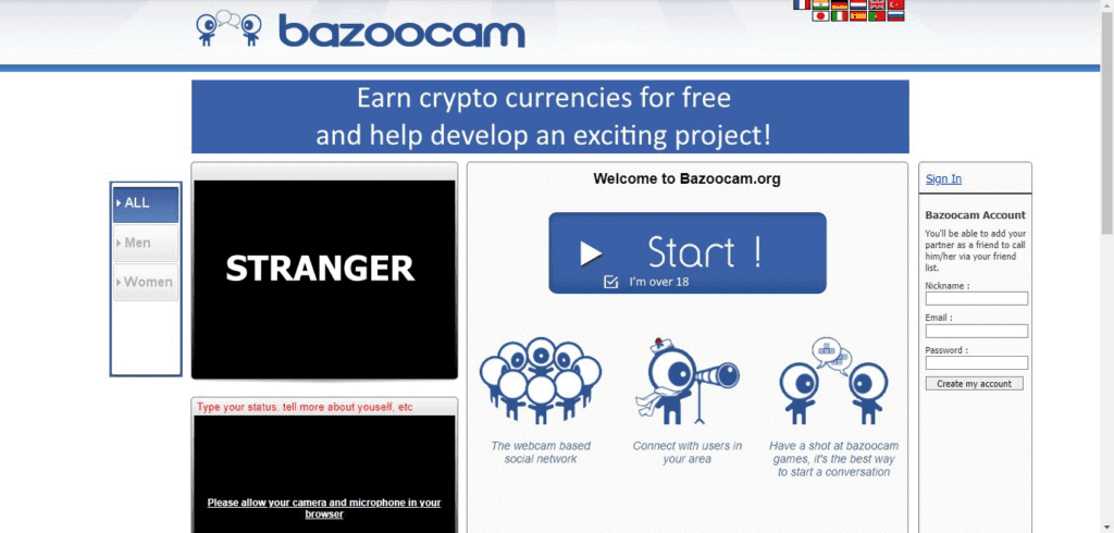 BazooCam website interface showcasing video chat options, featuring 