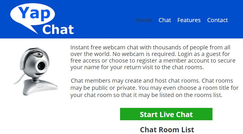 Yapchat homepage showcasing webcam chat features, emphasizing instant free access, global connections, and user-created chat rooms.